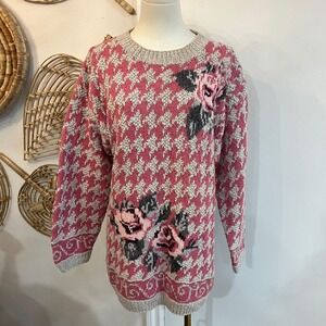 Vintage Hand Knit Floral Rose Houndstooth Sweater Pink Cottagecore M